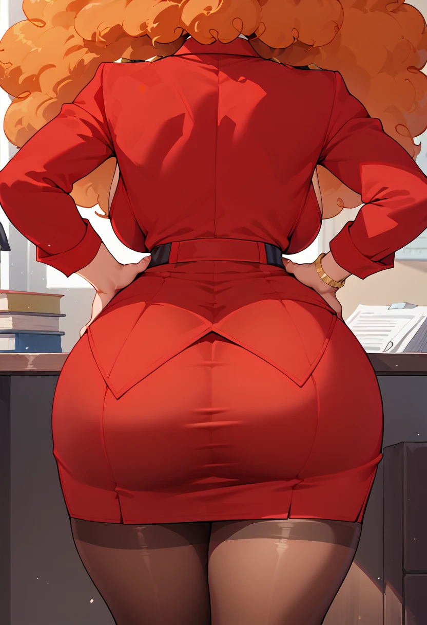 sara bellum,cartoon,Orange Hair,standing at the Office,from behind,red jacket,hands on hip,orange open blouse , red skirt,unbuttoned blouse  , Big Breasts , Hair covering the eyes , big Hair,   red hip-length pantyhose , At the office, her Hair covering the eyes .  Cover your eyes with hair,Orange Hair  、Brown Skin、Red suit.wCurvy Body 、Big Breasts、Round ass、Tall、Red lips、  short tight skirt,Trustworthy、solid、 Adult female、Mayor's Office,indoor