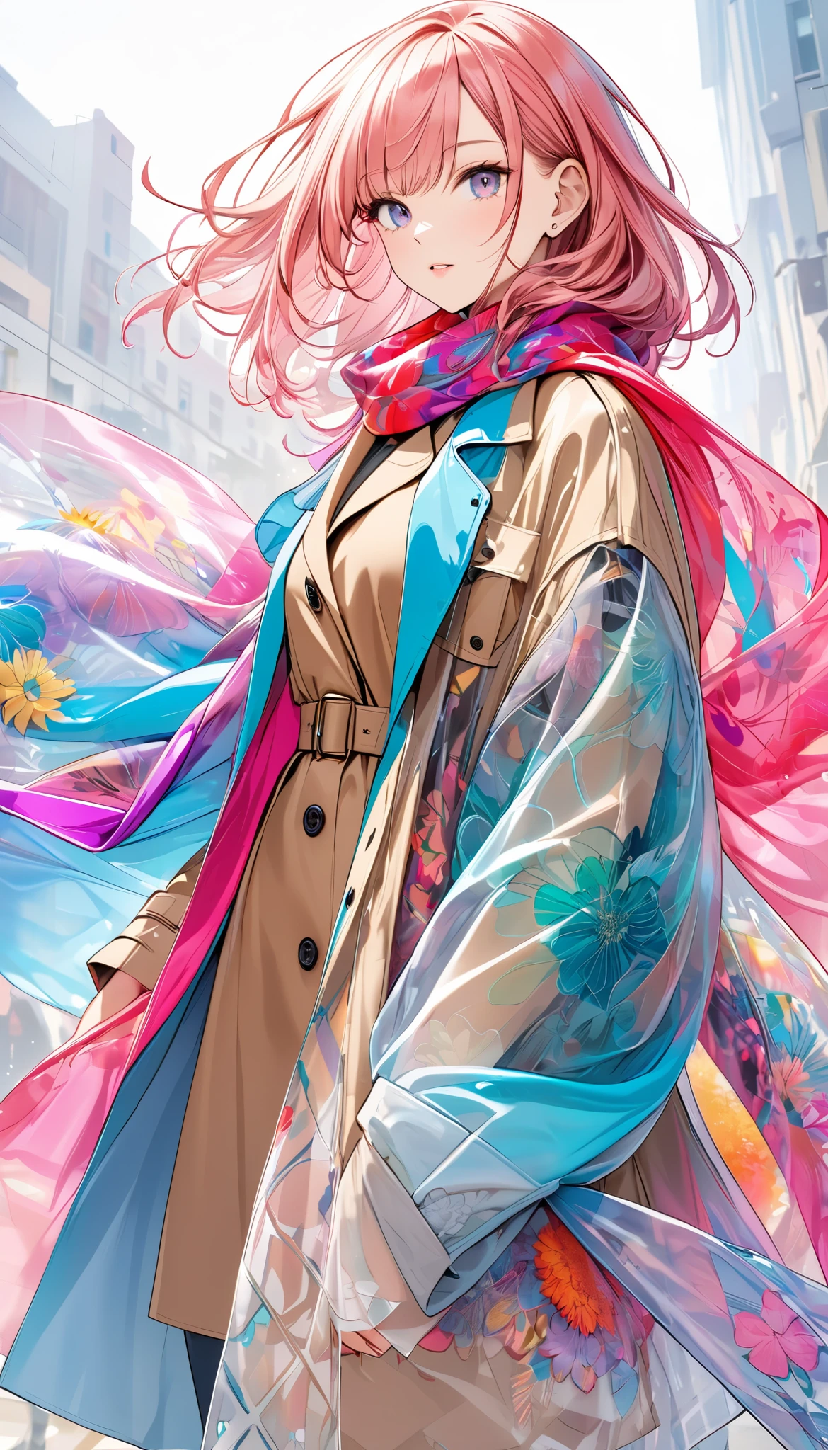 Oversized scarf ,\ thin silk fabric ,Transparent,Beautiful and detailed pattern,Colorful, brightly colored\,  it's wearing a trench coat