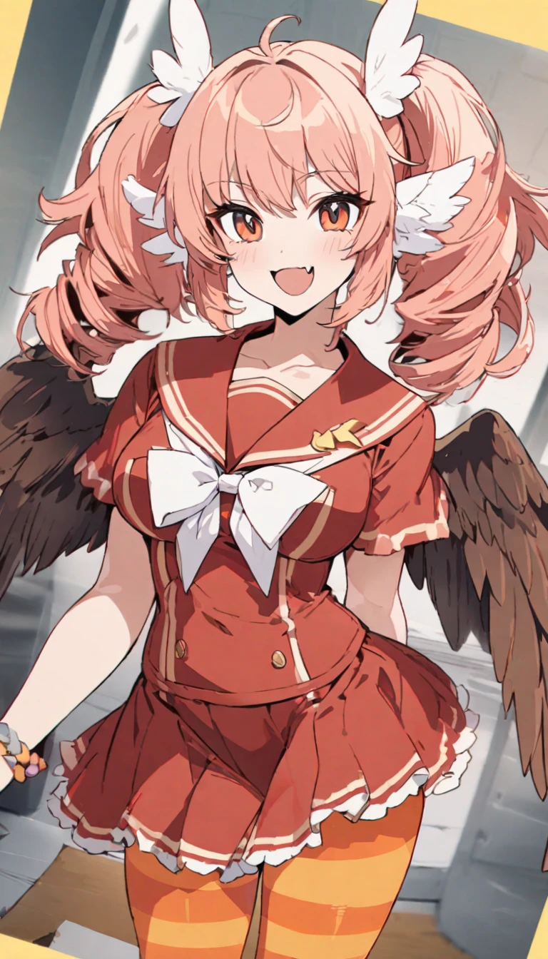 1girl,harpy girl, light red hair, drill hair, twintail hair,feather ears, harpy mini wings, harpy fang, big female-melons, smiling, white with red sailor uniform, orange ((striped tights)), 
masterpiece,best quality,ultra detailed, very aesthetic, hyper cute line style illustration, 