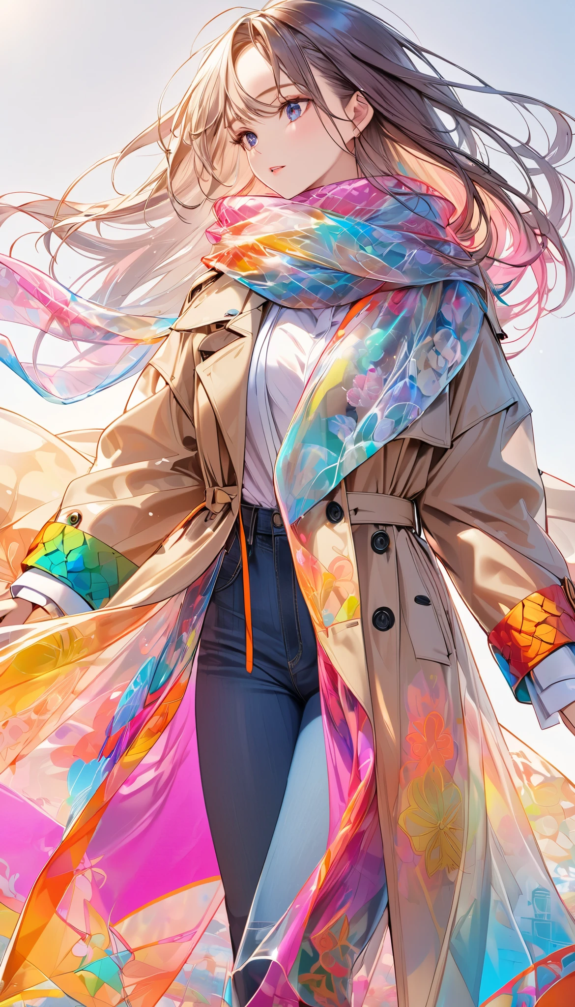 Oversized scarf ,\ thin silk fabric ,Transparent,Beautiful and detailed pattern,Colorful, brightly colored\,  it's wearing a trench coat