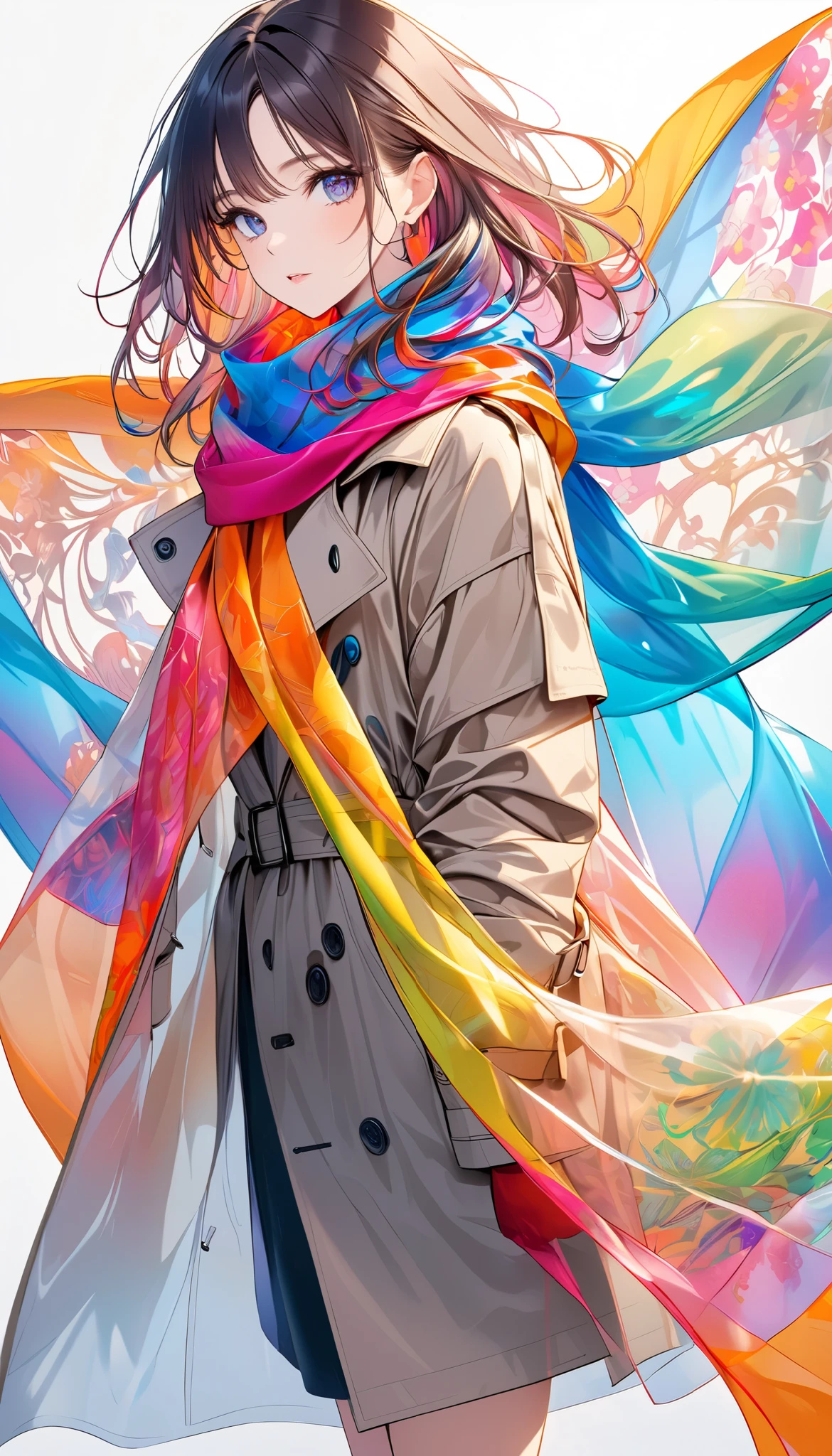 Oversized scarf ,\  thin silk fabric , Transparent, Beautiful and detailed pattern, Colorful,  brightly colored\,  it's wearing a trench coat