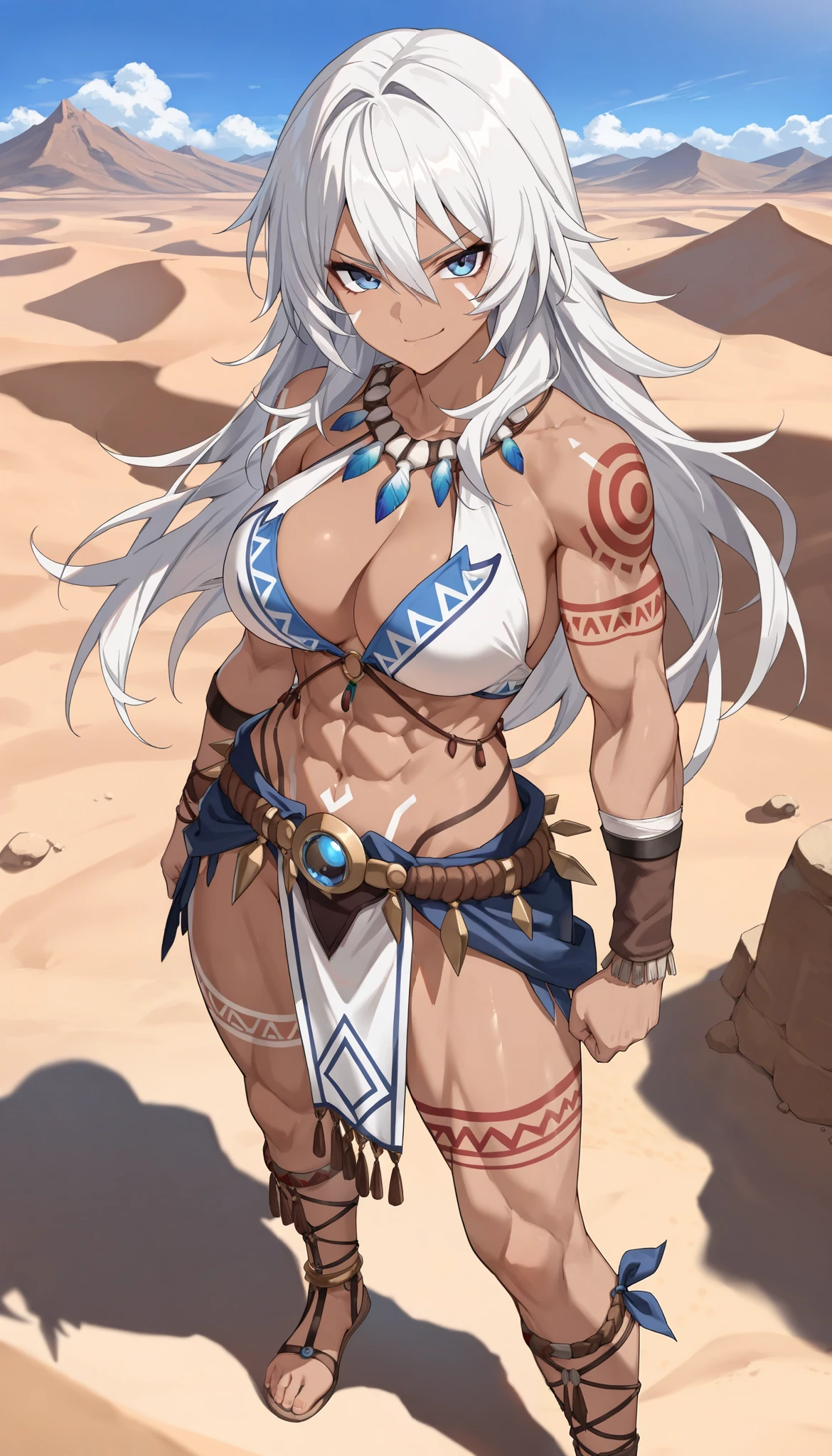 masterpiece, best quality, very aesthetic, absurdres, 1girl, mature_lady, ,silver wolf, gray eyes, high ponytail, white top, open belly, shorts, fur coat,shaded face,Nubian Mud Brick Construction (Nubia, Sudan, Egypt) - Traditional brickmaking and construction techniques using sun-dried mud bricks.,blur background,background defocus