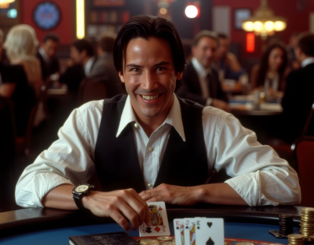 From above view, gaze trump card, 1 man, keanu Reeves, 50-age, short hair, all back hair, black hair , wry smile , white shirt, black vest , pant, play gamble, trump Poker game , in Vegas casino, many guest looking him, full house card on table, many Casio coin on table, (masterpiece, Highest quality, masterpiece, God-like quality, Godly art, Very realistic)