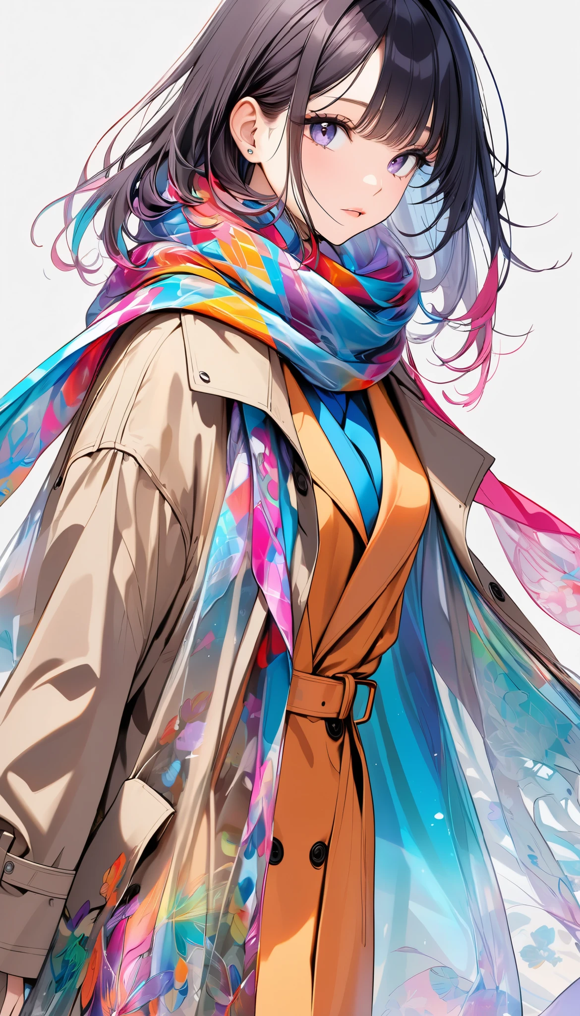 Oversized scarf ,\  thin silk fabric , Transparent, Beautiful and detailed pattern, Colorful,  brightly colored\,  it's wearing a trench coat