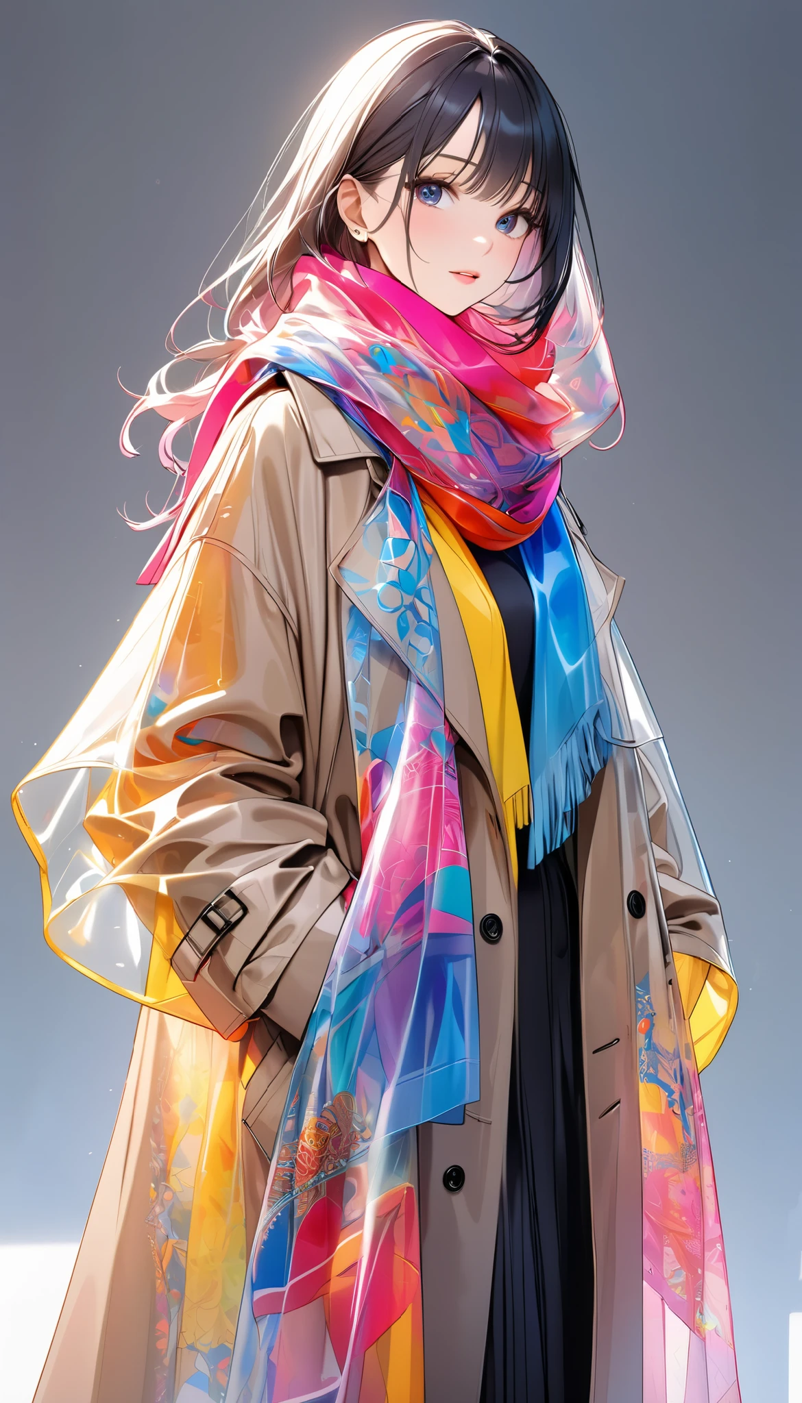 Oversized scarf ,\  thin silk fabric , Transparent, Beautiful and detailed pattern, Colorful,  brightly colored\,  it's wearing a trench coat