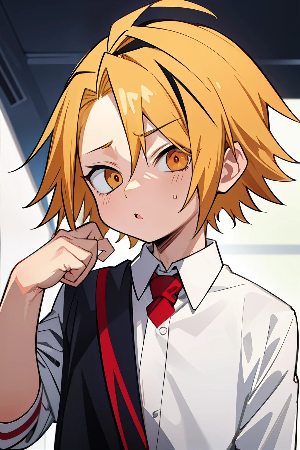  masterpiece,  best quality,  HIGH QUALITY, 1 , Alone,  male approach,  looking at the spectator ,  upper body , Kaminari_thank you, blonde hair,  multicolored _hair,   toddler, Age , nervous and scared