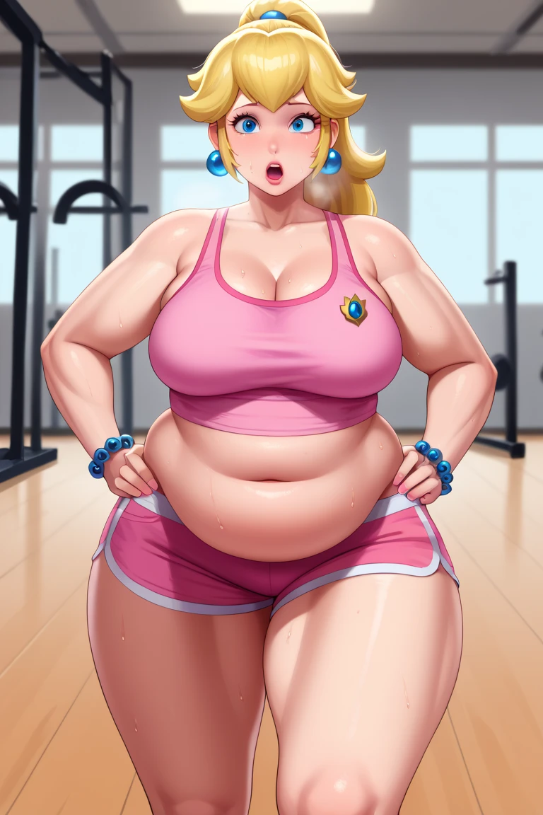 score_9, score_8_up, score_7_up, BREAK, 1girl, solo, princess peach, 1girl, solo, , blonde hair, ponytail, jewelry, bracelet, makeup, casual, cowboy shot, blue eyes, looking at the viewer, large breasts, hands on hips, pink tanktop, sweaty, pink shorts, sweating profusely, open mouth, exhausted, heavy breathing, puddle of sweat on the ground, steam coming out her mouth, gym, indoors, she wears pink shoes, thick, obese, soft belly, chubby, wide hips, sexy hips, half body, big belly, thicc thighs, chubby arms. 4k, HD, out of breath 
