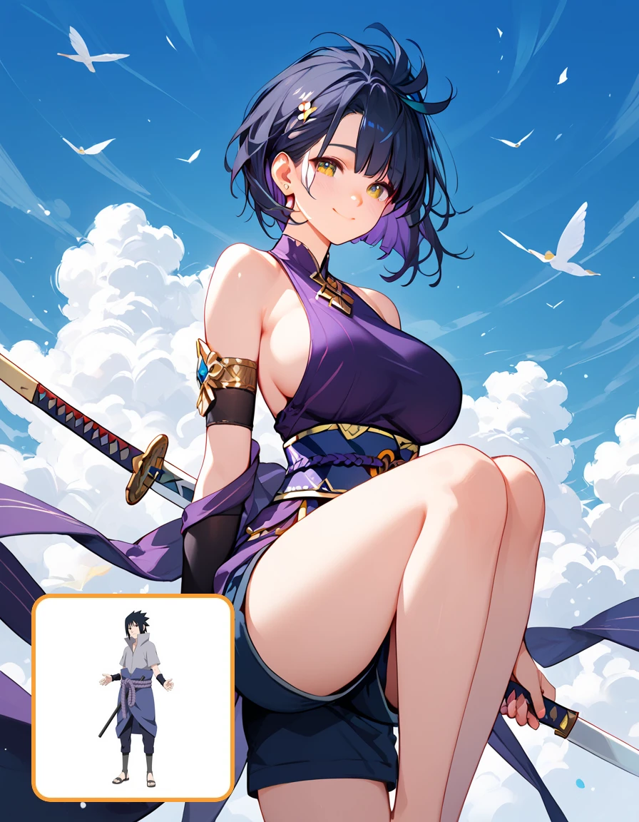 1girl, solo, white background, cowboy shot, red eyes, long hair, purple hair, navel, harem outfit, dancer, jewelry, bare shoulders, detached sleeves, pelvic curtain, large breasts, cleavage, soft stomach, closed mouth, smile, blush