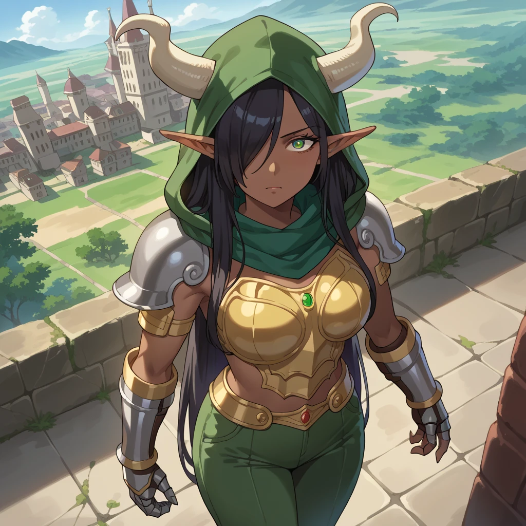 score_9, score_8_above, score_7_above, source _animated, Olgadiscordia , Olga Discord, long hair, black hair, green eyes, very long hair, pointy ears , dark skin , hair over an eye , hembra de dark skin , elf, dark elf, outdoor, urban landscape, looking at the viewer , Dutch angle, cowboy shot, green hood , green scarf, túnica, bull horns coming out of each shoulder, metal gauntlets, bear claw, Big boobs, green armor, túnica, long pants, green pants 1 woman, metal armor