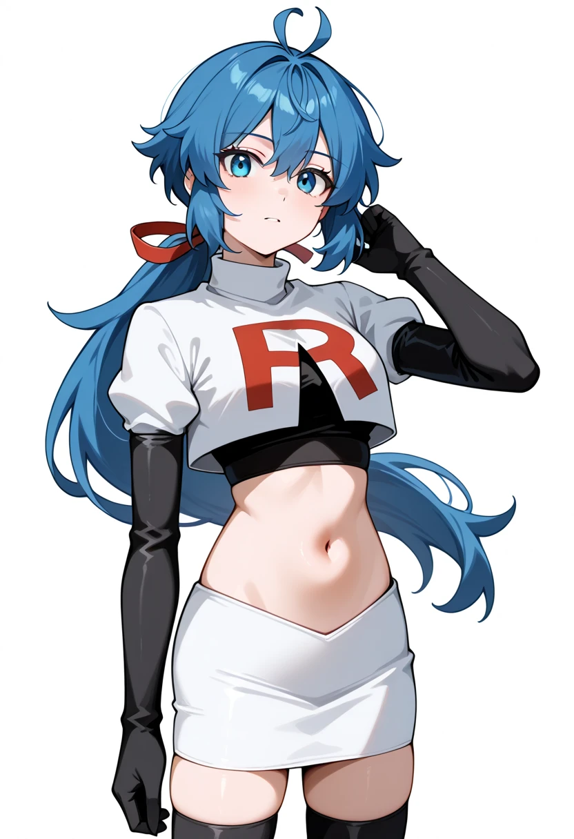 (extremely detailed CG unity 4k wallpaper),(masterpiece),(best quality),(ultra-detailed),(best illustration),(best shadow),(absurdres),(detailed background) Miku Izayoi, 1girl, long hair, solo, breasts, hair ornament, looking at viewer, blue hair, blue eyes, very long hair, bangs, blush, team rocket,team rocket uniform,white skirt,red letter R,crop top,black thigh-highs,black elbow gloves