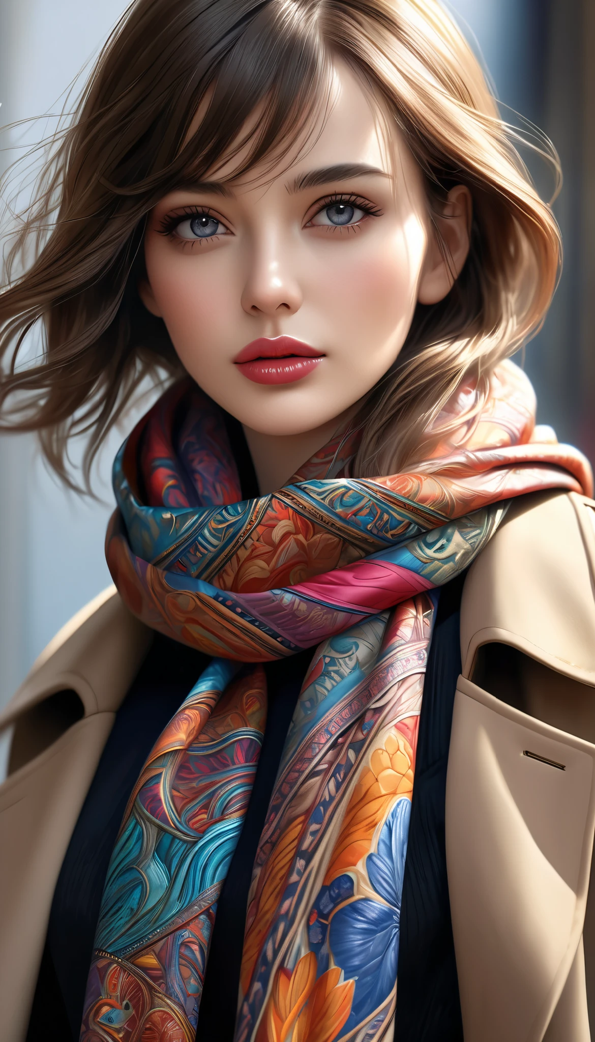 a beautiful detailed silk scarf, highly intricate patterns, vibrant colors, a woman wearing a trenchcoat, (best quality,4k,8k,highres,masterpiece:1.2),ultra-detailed,(realistic,photorealistic,photo-realistic:1.37),detailed face, beautiful eyes, beautiful lips, elegant, graceful pose, cinematic lighting, dramatic shadows, fashion editorial, high-end studio photography