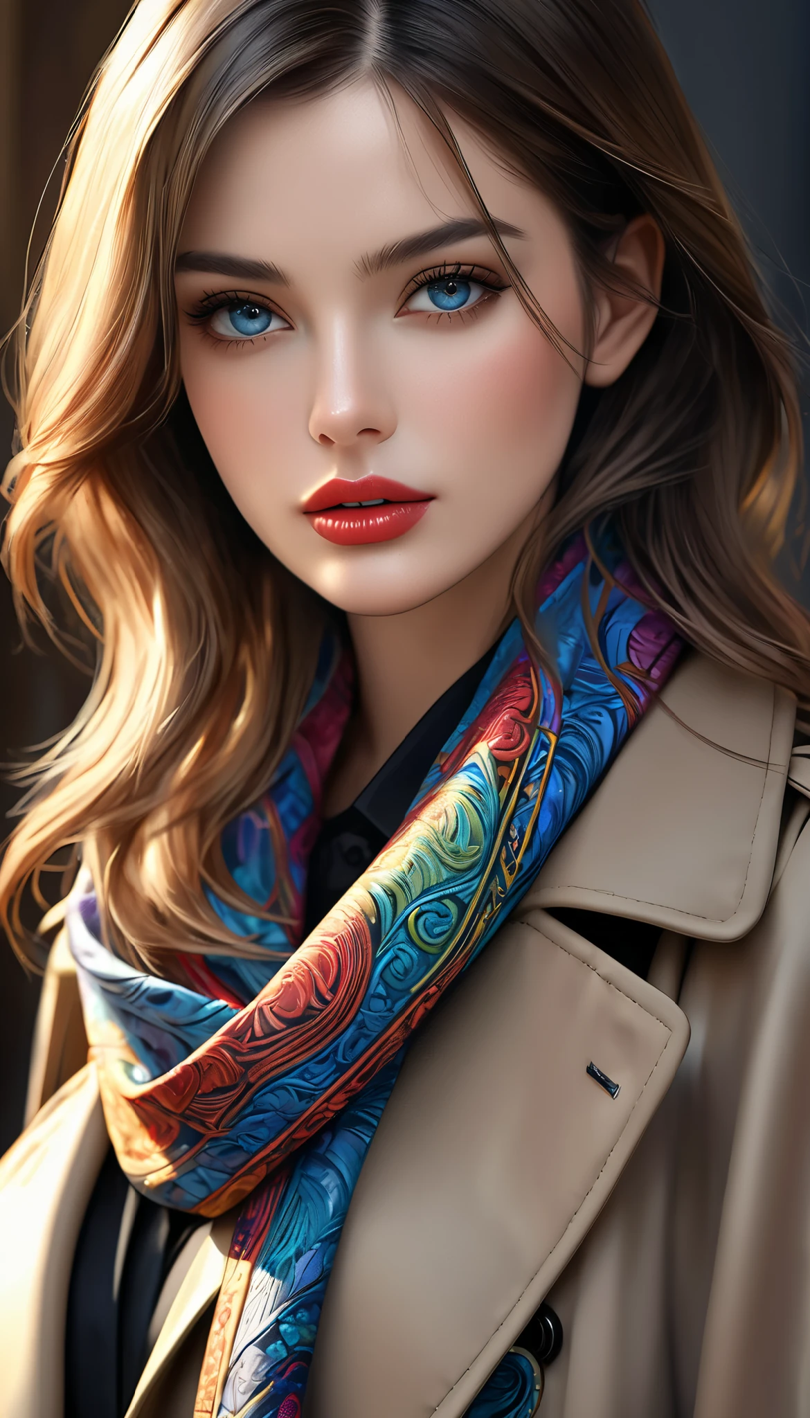 a beautiful detailed silk scarf, highly intricate patterns, vibrant colors, a woman wearing a trenchcoat, (best quality,4k,8k,highres,masterpiece:1.2),ultra-detailed,(realistic,photorealistic,photo-realistic:1.37),detailed face, beautiful eyes, beautiful lips, elegant, graceful pose, cinematic lighting, dramatic shadows, fashion editorial, high-end studio photography