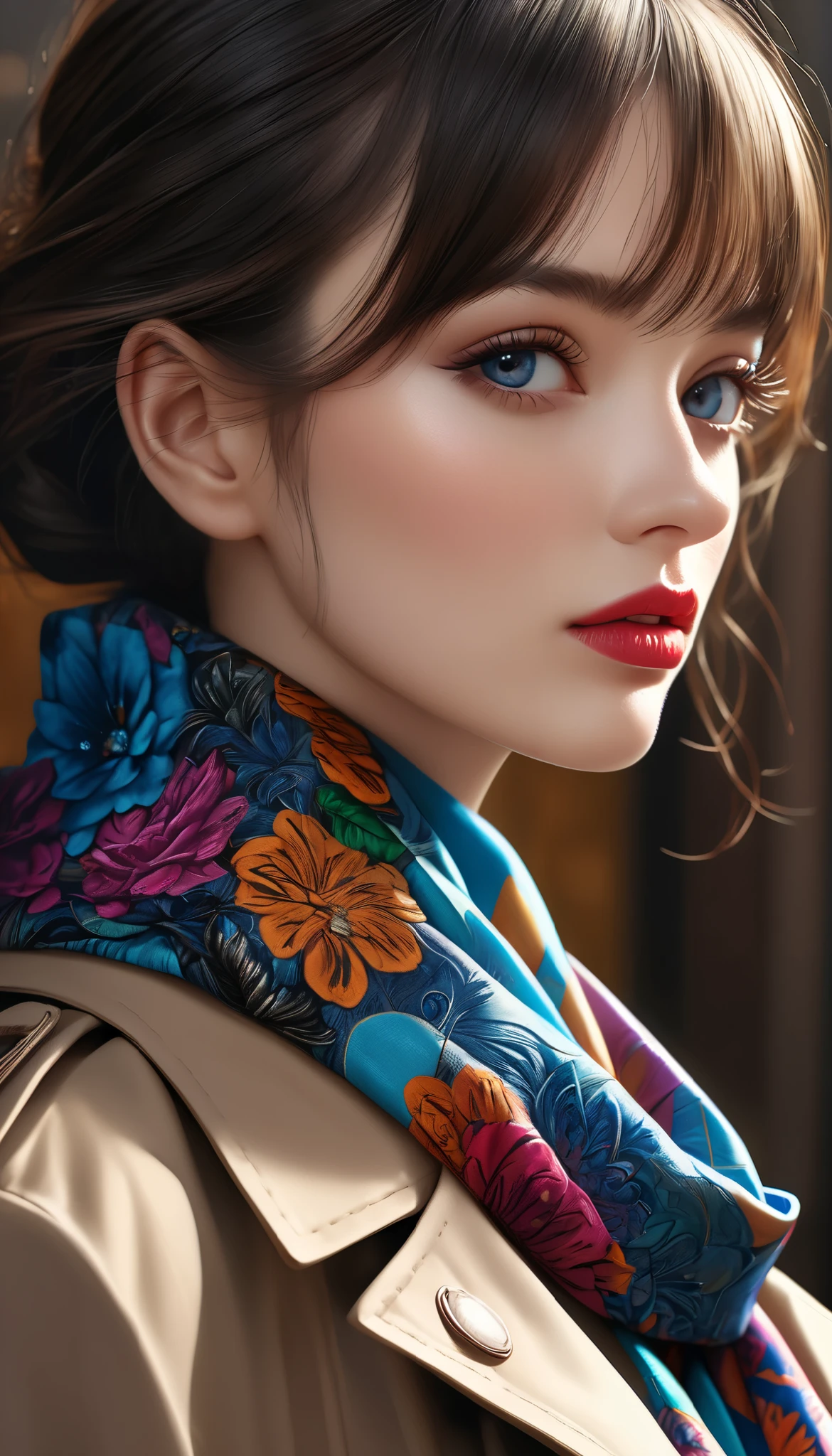 a beautiful detailed silk scarf, highly intricate patterns, vibrant colors, a woman wearing a trenchcoat, (best quality,4k,8k,highres,masterpiece:1.2),ultra-detailed,(realistic,photorealistic,photo-realistic:1.37),detailed face, beautiful eyes, beautiful lips, elegant, graceful pose, cinematic lighting, dramatic shadows, fashion editorial, high-end studio photography