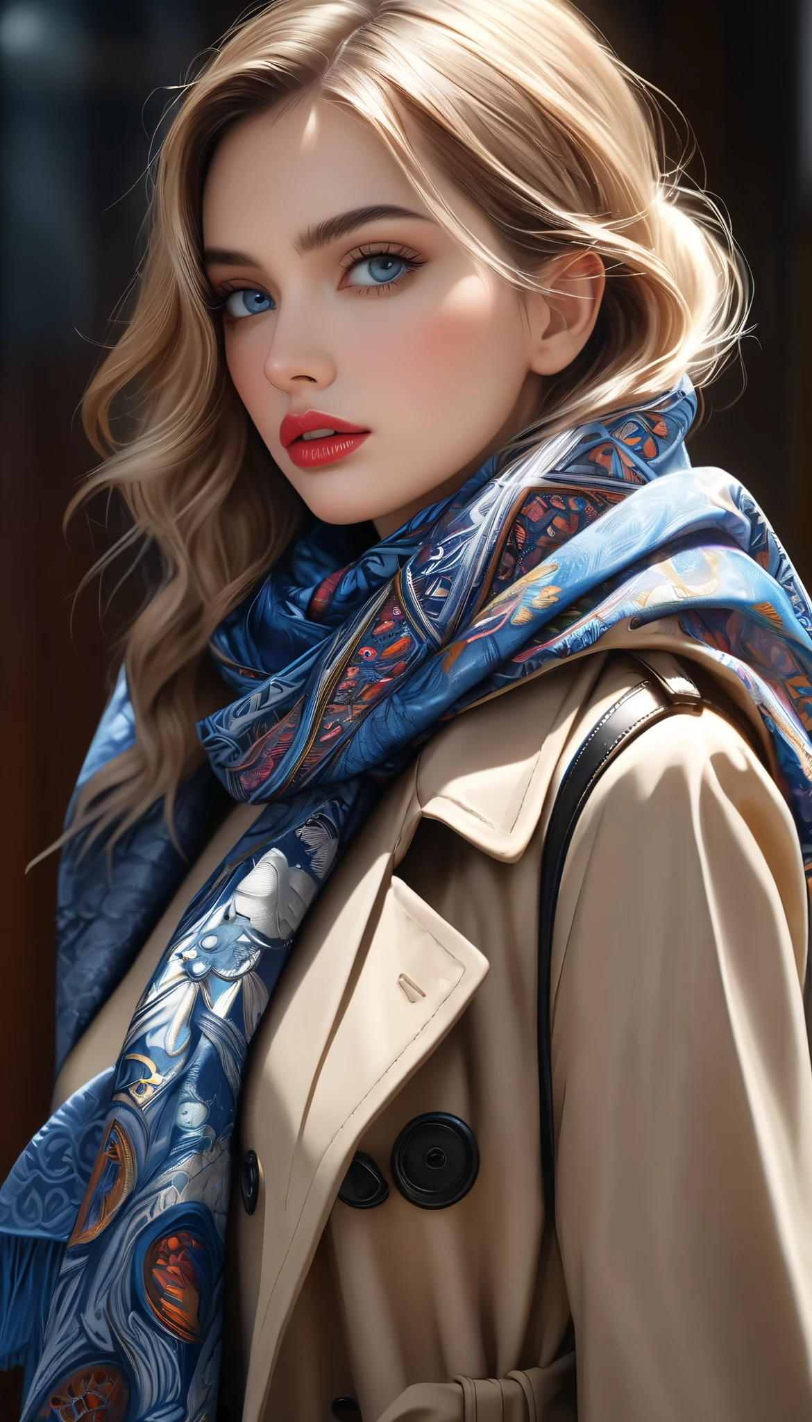 a beautiful detailed silk scarf, highly intricate patterns, vibrant colors, a woman wearing a trenchcoat, (best quality,4k,8k,highres,masterpiece:1.2),ultra-detailed,(realistic,photorealistic,photo-realistic:1.37),detailed face, beautiful eyes, beautiful lips, elegant, graceful pose, cinematic lighting, dramatic shadows, fashion editorial, high-end studio photography