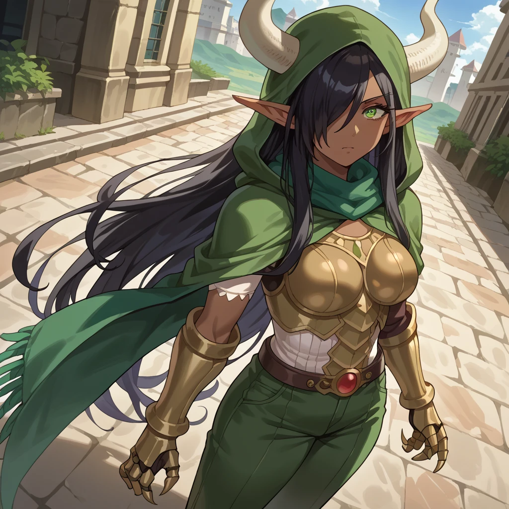 score_9, score_8_above, score_7_above, source _animated, Olgadiscordia , Olga Discord, long hair, black hair, green eyes, very long hair, pointy ears , dark skin , hair over an eye , hembra de dark skin , elf, dark elf, outdoor, urban landscape, looking at the viewer , Dutch angle, cowboy shot, green hood , green scarf, túnica, bull horns coming out of each shoulder, metal gauntlets, bear claw, Big boobs, green armor, túnica, long pants, green pants 1 woman, metal armor, tucnica de maga, black metal