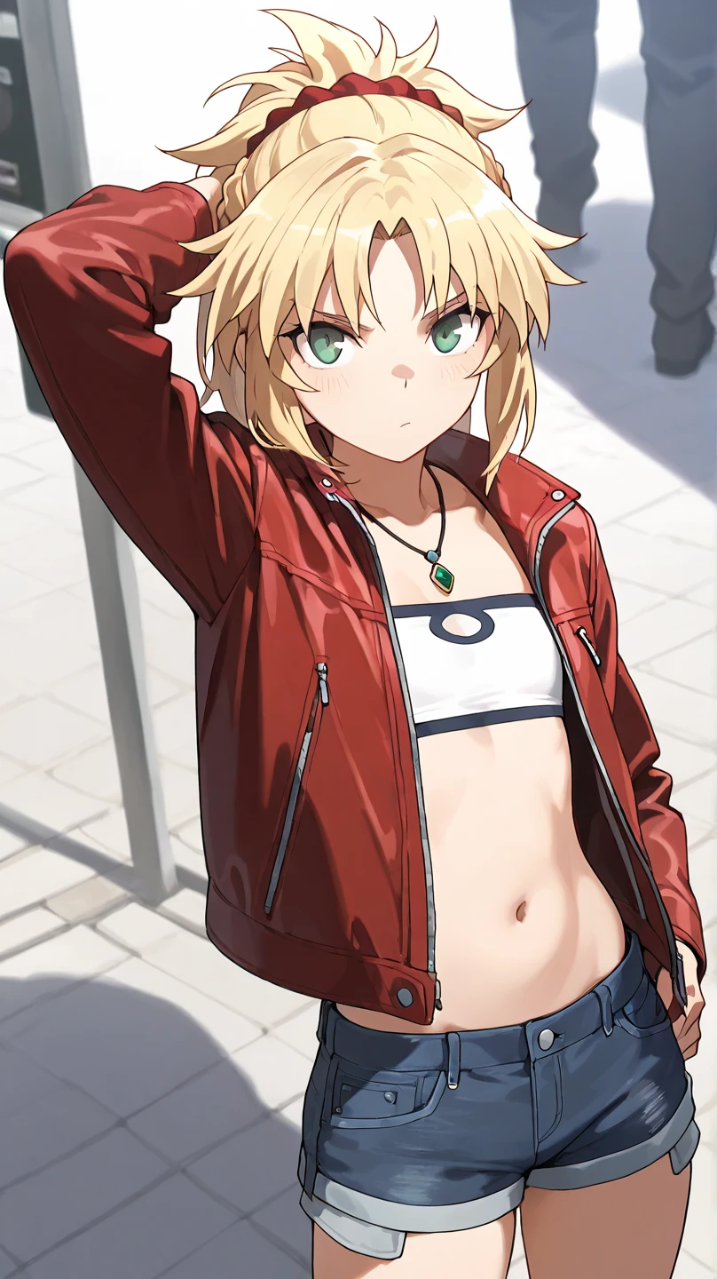 fgomordred
High quality ,  top quality , masterpiece,  high res, detailed face , anatomically correct , 

 green eyes,Blonde,  ponytail,  short hair, scrunchie,  red scrunchy ,  Hair Scrunchy,  flat chest
short denim, デニム  shorts,  jacket, gem, midriff, belly button,  necklace, red  jacket, short  shorts,  shorts,  tube top , white top,