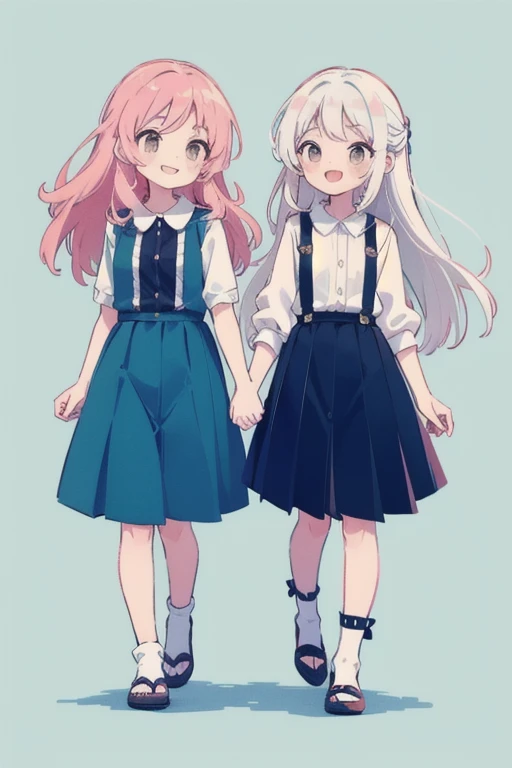 Two female characters, one with pink hair and the other with white hair, both with long hair, wearing cute style clothes, smiling brightly.The blue background and the green background will still walk together, holding hands and walking together.The black and white color scheme is manga.2