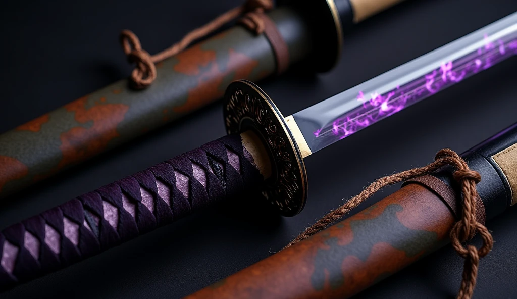 Realistic, theme is "a Japanese sword made of obsidian and a sheath with intricate craftsmanship", an old Japanese sword from the 1700s suited for practical use, with a black-purple handle, a disc-shaped tsuba with intricate decoration, and an obsidian blade 90cm long, the black blade has a blade pattern and is designed with purple kanji characters for a spell to gain the power of fire, the sheath is made of expensive material made from tanned animal skin, sophisticated design, advanced lighting technology, and 8K quality live-action photos