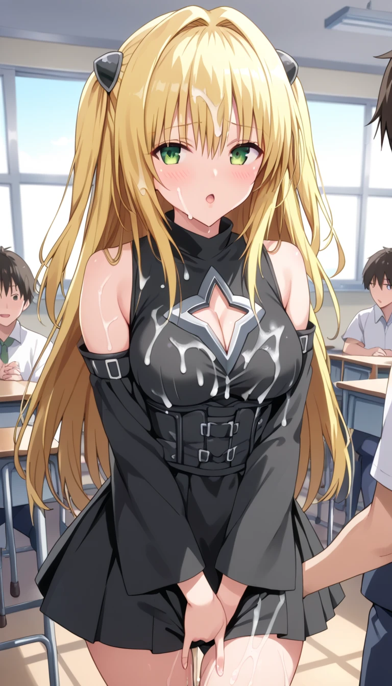 sleeveless, detached sleeves, dress, black dress, black skirt, clothing cutout, cleavage cutout,
master piece,Konjiki no Yami ,sfw, 1girl,2boy,looking at viewer, dutch angle, cowboy shot,(classroom:1.0) ,(bukkake:1.4)(masturbation:1.2)
