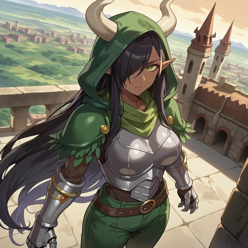 score_9, score_8_above, score_7_above, source _animated, Olgadiscordia , Olga Discord, long hair, black hair, green eyes, very long hair, pointy ears , dark skin , hair over an eye , hembra de dark skin , elf, dark elf, outdoor, urban landscape, looking at the viewer , Dutch angle, cowboy shot, green hood , green scarf, túnica, bull horns coming out of each shoulder, metal gauntlets, bear claw, Big boobs, green armor, túnica, long pants, green pants 1 woman, metal armor, tucnica de maga, black metal armor