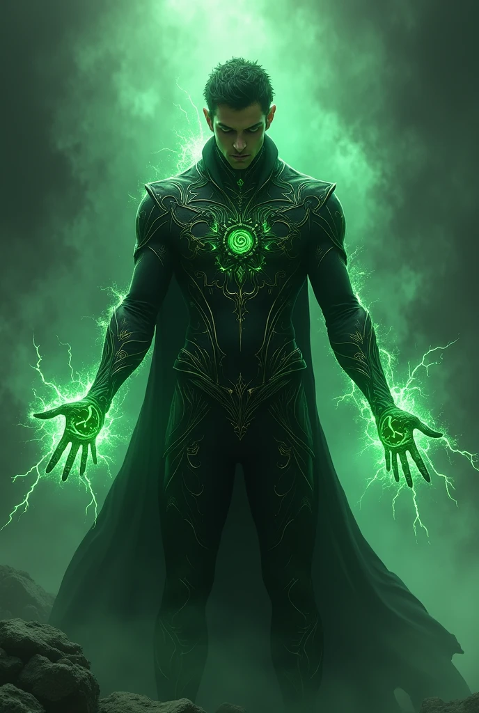 handsome necromancer with black and green light outfit