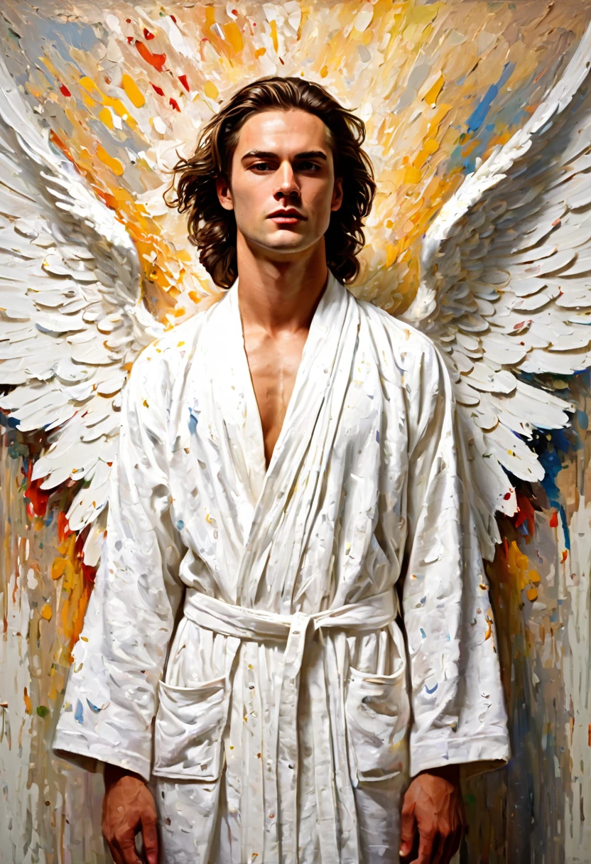 cinematic shot, Male Angel, wearing white robe, impasto, tick stroke painting, vintage, noise, by Stefanie Schneider