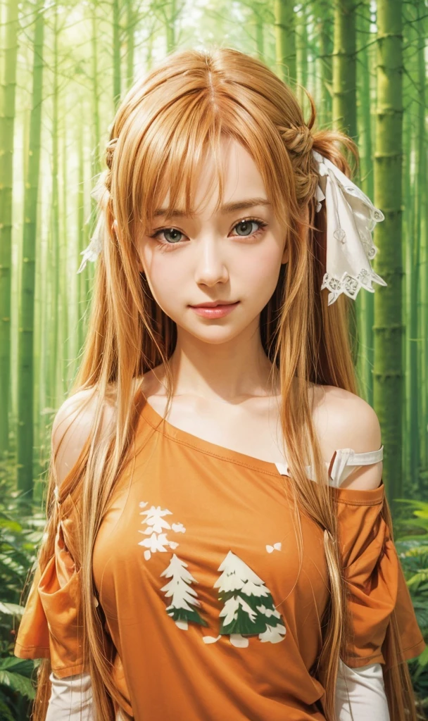 masterpiece, best quality, (realistic,photo-realistic:1.4), (RAW photo:1.2), extremely detailed CG unity 8k wallpaper, delicate and beautiful, amazing,finely detail, official art, absurdres, incredibly absurdres, huge filesize, ultra-detailed,extremely detailed eyes and face,light on face,yuuki asuna,(little smile),(caramel hair:1.4),(long hair:1.4),(wearing oversized t-shirt:1.5),nature background,(hair ribbon:1.4),(forest:1.5),navel,(off shoulders:1.4)