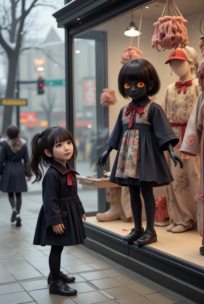 ultra-realistic, photorealistic, dramatic scene, shadow, global-illumination, solo, (20 years old beautiful Japanese girl), very beautiful fragile Japanese girl, very beautiful with very cute face, (Department store clerk, detailed face skin texture), (wearing a clerk's uniform with frills), hat, simple black pumps, She is in a show window facing the street and dressing a large cute anime-devil mannequin, a cute devil mannequin\(dark black devil, very cute, big eyes, large circle eyes, black skin, evil smile, orange eyes, vivid orange eyes, dark black skin, looking down, wearing pastel colored gorgeous antique maid costume\(big, long, Tattered\), full body, standing in the display window\), there are Japanese traditional kimonos and Japanese traditional antique furnishings are displayed in the display window, Shoppers passing by on the street, in winter, snowing