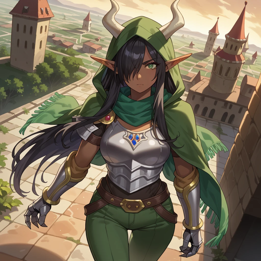 score_9, score_8_above, score_7_above, source _animated, Olgadiscordia , Olga Discord, long hair, black hair, green eyes, very long hair, pointy ears , dark skin , hair over an eye , hembra de dark skin , elf, dark elf, outdoor, urban landscape, looking at the viewer , Dutch angle, cowboy shot, green hood , green scarf, túnica, bull horns coming out of each shoulder, metal gauntlets, bear claw, Big boobs, green armor, túnica, long pants, green pants 1 woman, metal armor, tucnica de maga, black metal armor, black armor