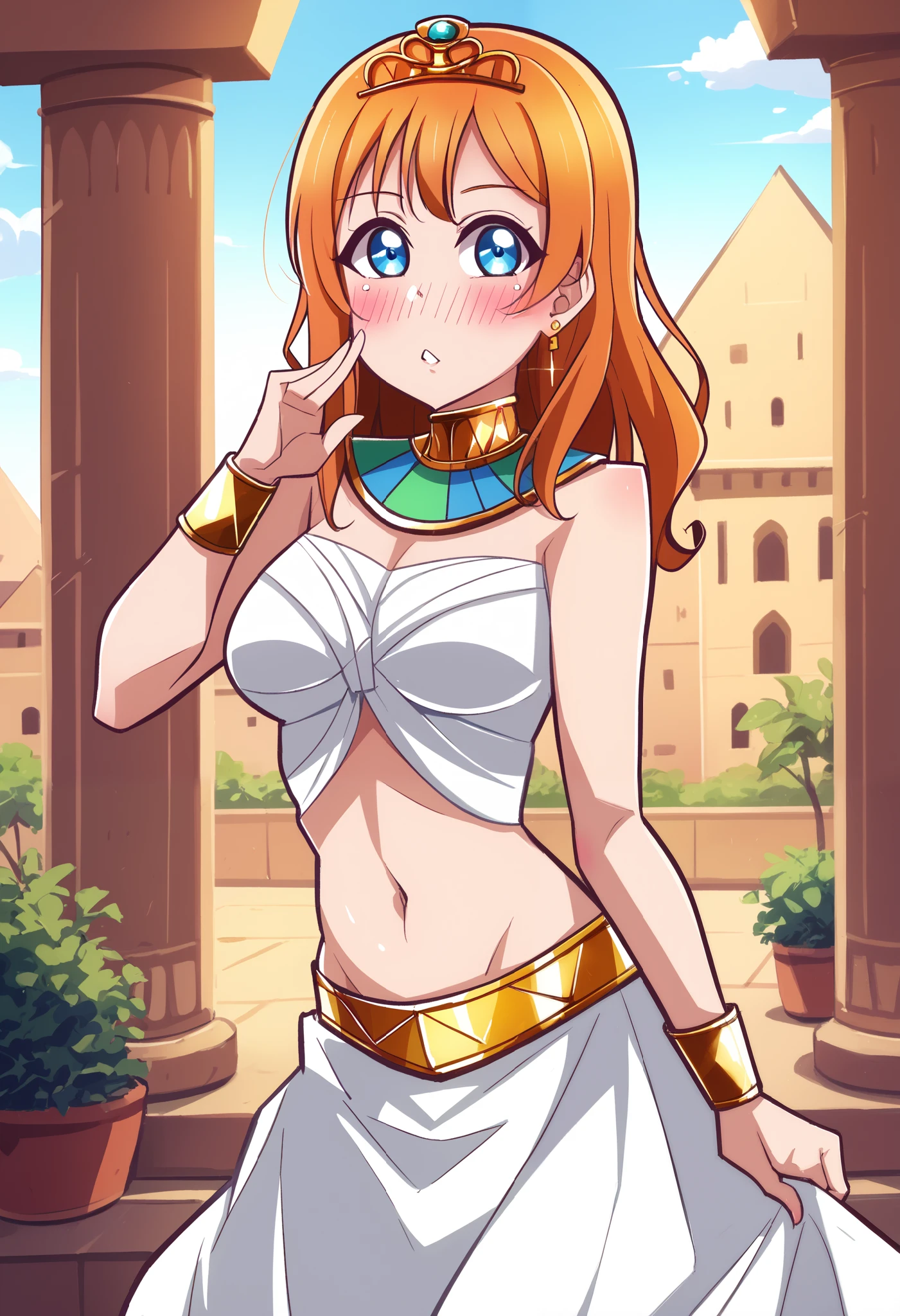 ((Masterpiece)), 8k wallpaper,kousaka honoka, blue eyes,beautiful ,facial details, nipples,(desire to have sex:1.2), submissive pose,((kneeling on the ground)),thighs, midriff, sweating,sweat drops, (golden exposing Egyptian dress), tiara,in Egyptian desert.