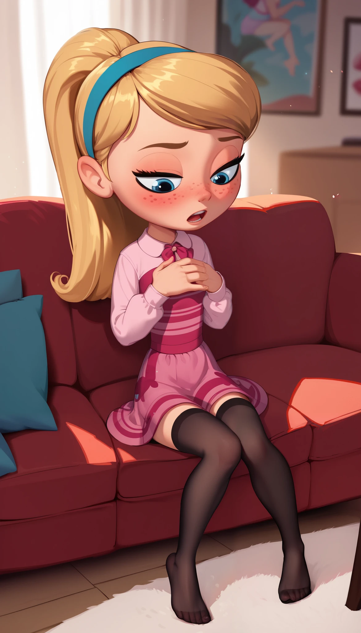 1girl, full body, solo, young girl, 9- , penny peterson, long hair, blue eyes, freckles, blonde hair, skirt, hairband, cyan ribbon, ponytail, black sexy stockings, pink dress, long sleeves, no shoes, score_9, score_8_up, score_7_up, score_6_up, score_5_up, sitting, sofa, sitting up, indoors, looking down, facing you, bedroom eyes, open mouth, exaggerated blushing, red face, blush lines, soft lighting, flat chest, hands covering chest