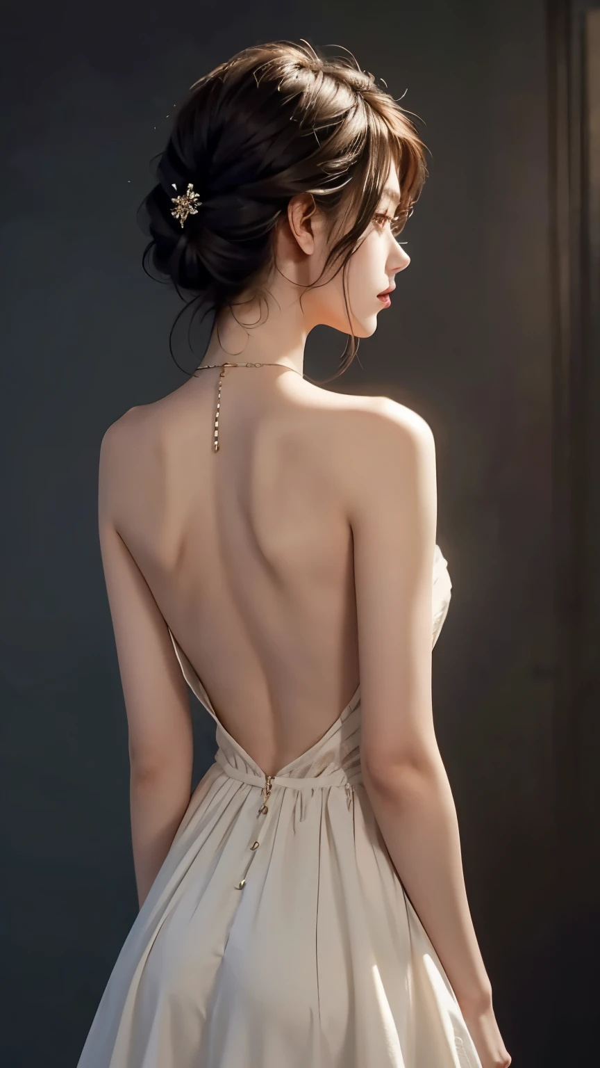 beautiful girl, Backless Dress, Hair Up、 beautiful back、 simple background 、Cinematic lighting、