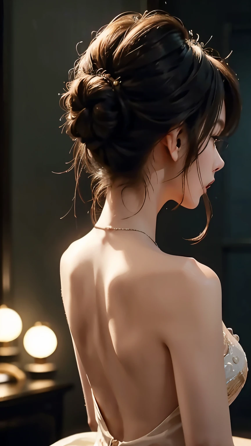 beautiful girl, Backless Dress, Hair Up、 beautiful back、 simple background 、Cinematic lighting、
