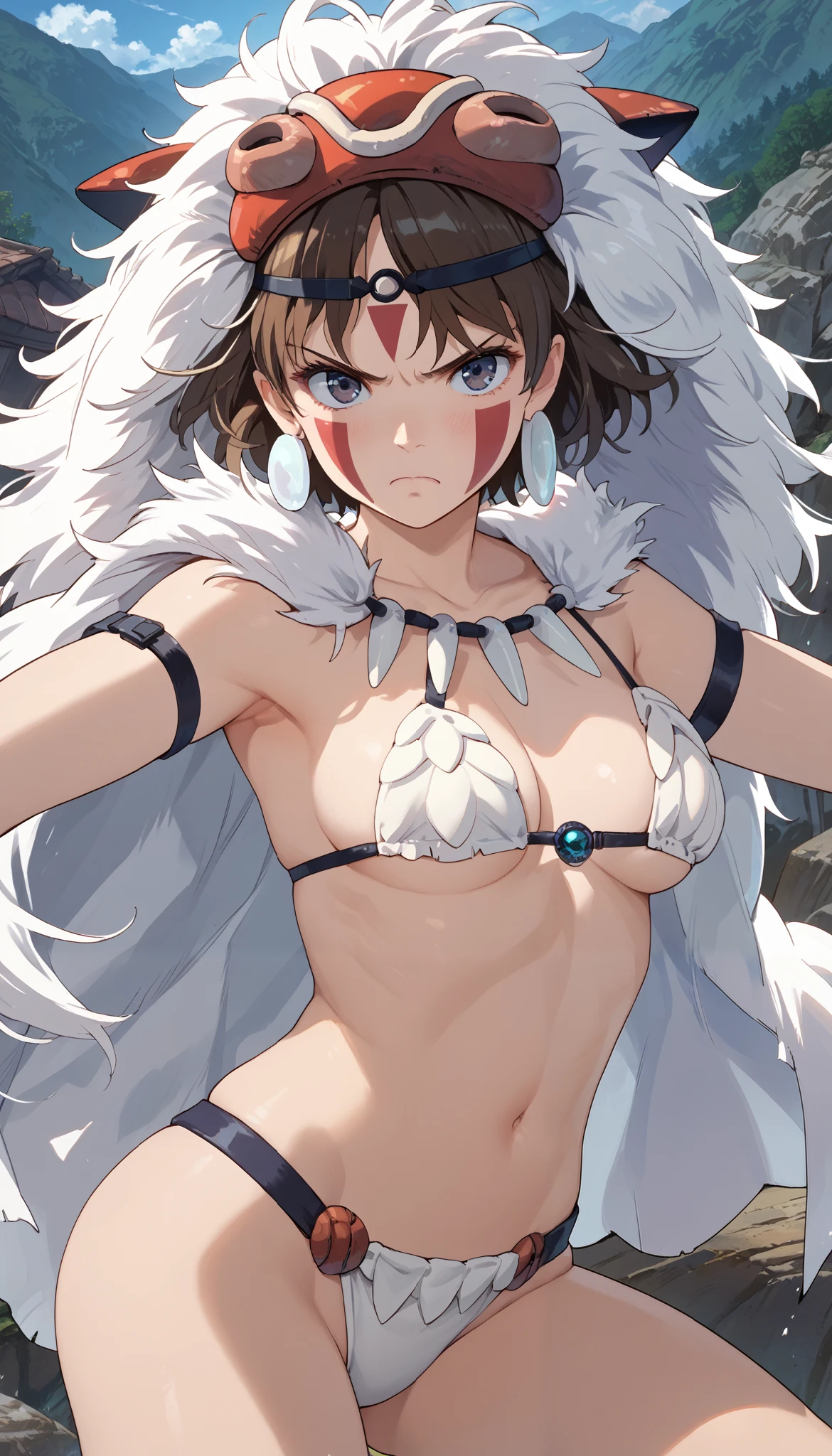 score_9, score_8_up, score_7_up, score_6_up, score_5_up, score_4_up, source_anime, rating_questionable, solo, 1girl, san, naked, short hair, brown hair, gray eyes, headband, face paint, earrings, arm cuffs, fur headdress, fur cape, light-skinned female, solo focus, looking at viewer, furrowed, frown, angry, embarrassed, (shell bikini, leather strap), dynamic pose, outdoors, in the mountain,