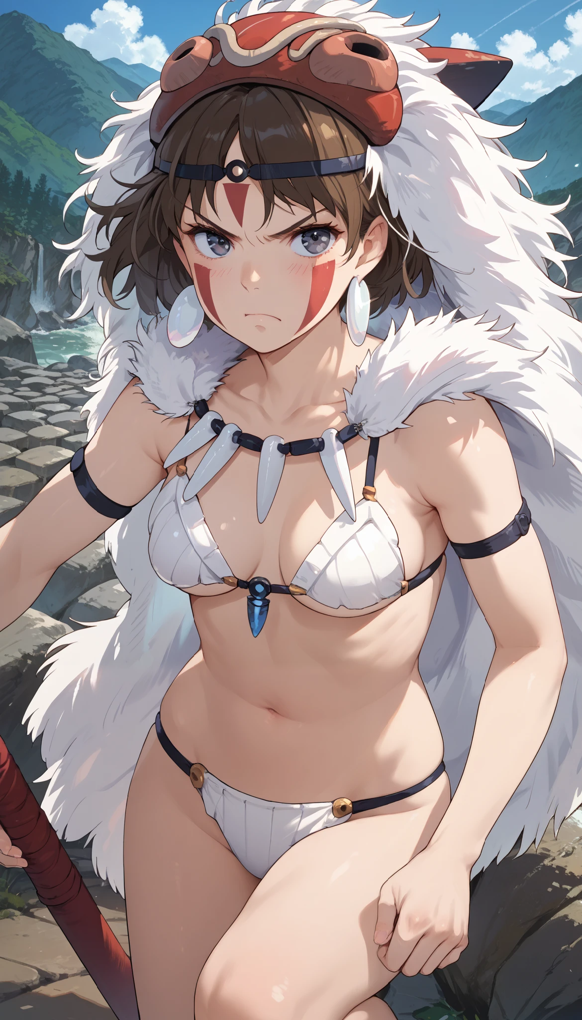 score_9, score_8_up, score_7_up, score_6_up, score_5_up, score_4_up, source_anime, rating_questionable, solo, 1girl, san, naked, short hair, brown hair, gray eyes, headband, face paint, earrings, arm cuffs, fur headdress, fur cape, light-skinned female, solo focus, looking at viewer, furrowed, frown, angry, embarrassed, (shell bikini, leather strap), dynamic pose, outdoors, in the mountain,