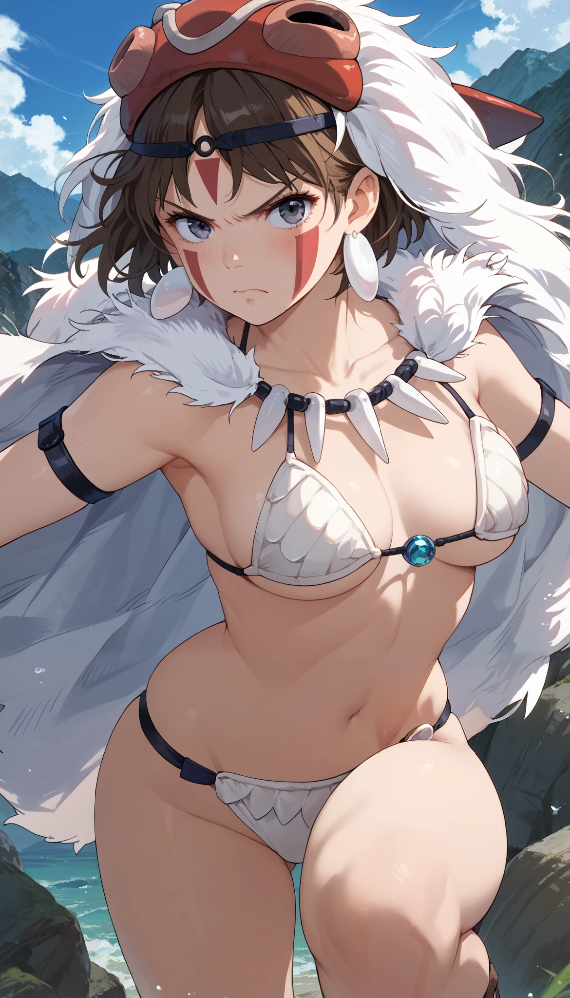 score_9, score_8_up, score_7_up, score_6_up, score_5_up, score_4_up, source_anime, rating_questionable, solo, 1girl, san, naked, short hair, brown hair, gray eyes, headband, face paint, earrings, arm cuffs, fur headdress, fur cape, light-skinned female, solo focus, looking at viewer, furrowed, frown, angry, embarrassed, (shell bikini, leather strap), dynamic pose, outdoors, in the mountain,