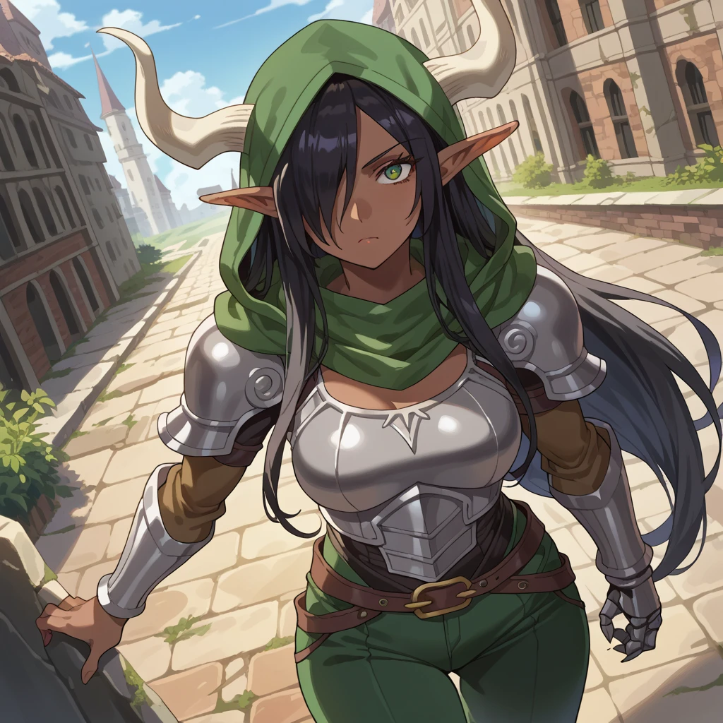 score_9, score_8_above, score_7_above, source _animated, Olgadiscordia , Olga Discord, long hair, black hair, green eyes, very long hair, pointy ears , dark skin , hair over an eye , hembra de dark skin , elf, dark elf, outdoor, urban landscape, looking at the viewer , Dutch angle, cowboy shot, green hood , green scarf, túnica, bull horns coming out of each shoulder, metal gauntlets, bear claw, Big boobs, green armor, túnica, long pants, green pants 1 woman, metal armor, tucnica de maga, black metal armor, dark armor