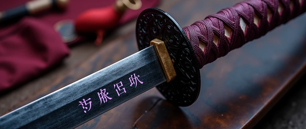 Realistic, theme is "a Japanese sword made of obsidian and a sheath with intricate craftsmanship", an old Japanese sword from the 1700s suited for practical use, with a black-purple handle, a disc-shaped tsuba with intricate decoration, and an obsidian blade 90cm long, the black blade has a blade pattern and is designed with purple kanji characters for a spell to gain the power of fire, the sheath is made of expensive material made from tanned animal skin, sophisticated design, advanced lighting technology, and 8K quality live-action photos