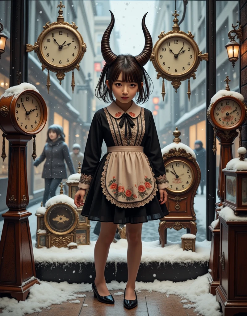 ultra-realistic, photorealistic, dramatic scene, shadow, global-illumination, solo, (20 years old beautiful Japanese girl), very beautiful fragile Japanese girl, very beautiful with very cute face, (Department store clerk, detailed face skin texture), (wearing a clerk's uniform with frills), hat, simple black pumps, She is in a show window of the clock shop facing the street and dressing a large cute anime-devil mannequin, a cute devil mannequin\(dark black devil, very cute, big eyes, large circle eyes, black skin, evil smile, orange eyes, vivid orange eyes, dark black skin, looking down, wearing pastel colored gorgeous antique maid costume\(big, long, Tattered\), full body, standing in the display window\), there are many kind of antique clocks and Japanese traditional antique furnishings are displayed in the display window, Shoppers passing by on the street, in winter, snowing