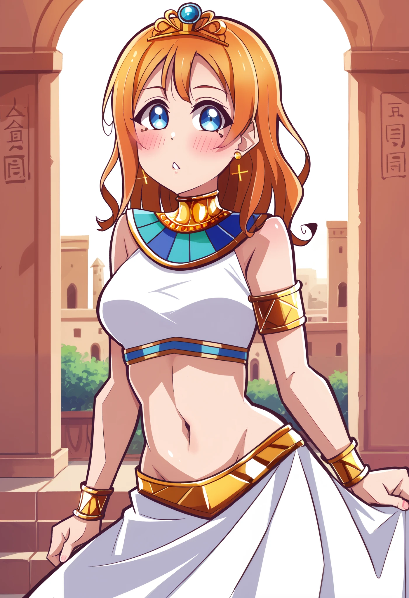 (Masterpiece, Best Quality, High Quality), anime style, love live,kousaka honoka , kousaka honoka,id_honoka_kosaka,love live, blue eyes, orange hair, 8k wallpaper, looking at viewer, earrings, outdoors, erotic figure, (blushing:1.2) , Egypt, white dress, midriff,neck ring,tiara, dbp, pharaoh pose, profile picturel