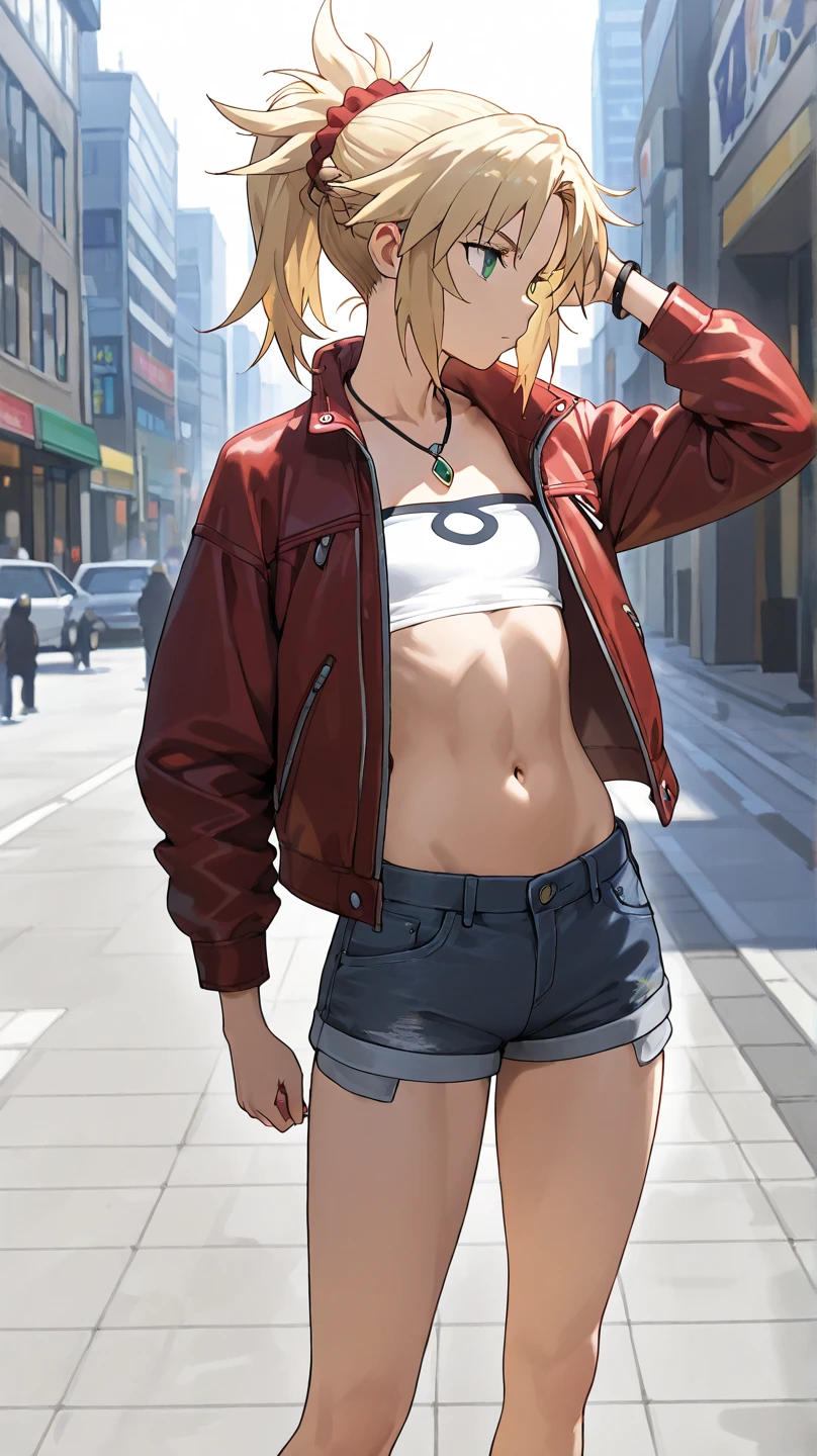 fgomordred
High quality ,  top quality , masterpiece,  high res, detailed face , anatomically correct , 
In the city,
 green eyes,Blonde,  ponytail,  short hair, scrunchie,  red scrunchy ,  Hair Scrunchy,  flat chest,Slightly toned body
short denim, デニム  shorts,  jacket, gem, midriff, belly button,  necklace, red  jacket, short  shorts,  shorts,  tube top , white top,solo,  1 girl, 