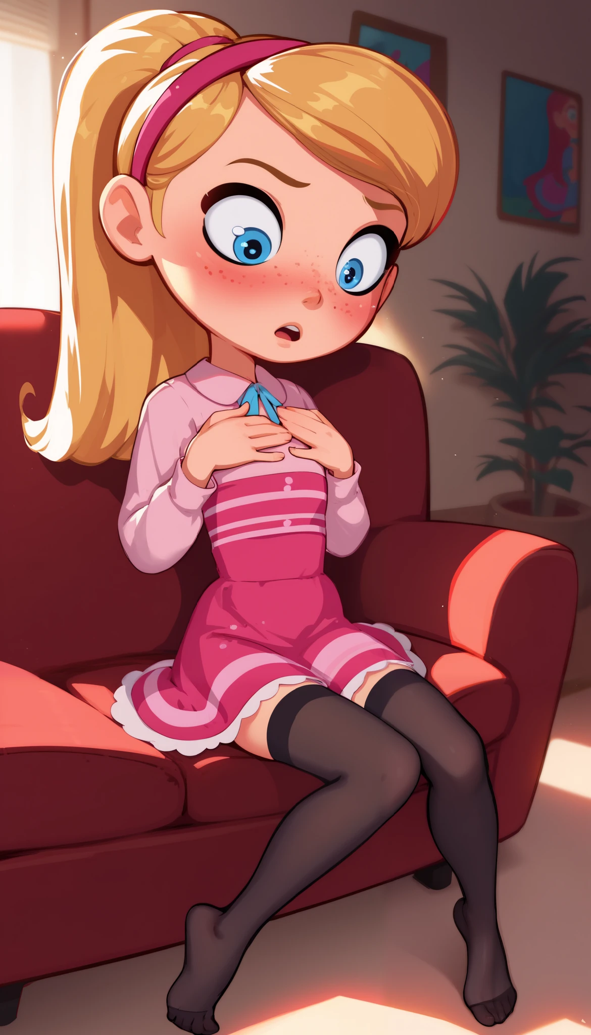 1girl, full body, solo, young girl, 9- , penny peterson, long hair, blue eyes, freckles, blonde hair, skirt, hairband, cyan ribbon, ponytail, black sexy stockings, pink dress, long sleeves, no shoes, score_9, score_8_up, score_7_up, score_6_up, score_5_up, sitting, sofa, sitting up, indoors, looking down, open mouth frown, facing you, wide eyed, small pupils, exaggerated blushing, red face, blush lines, soft lighting, flat chest, hands covering chest