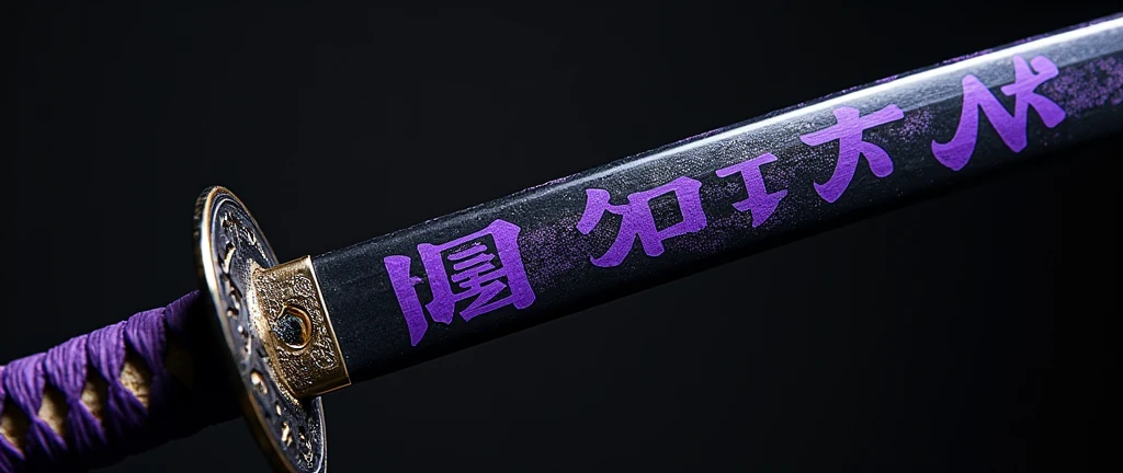 Realistic, theme is "a Japanese sword made of obsidian and a sheath with intricate craftsmanship", an old Japanese sword from the 1700s suitable for practical use, with a black-purple handle, a disc-shaped tsuba with intricate decoration, and an obsidian blade 90cm long, the black blade has a blade pattern and is designed with purple kanji characters for a spell to gain the power of fire, the sheath is made of expensive lacquered material, sophisticated design, advanced lighting technology, and 8K quality live-action photos