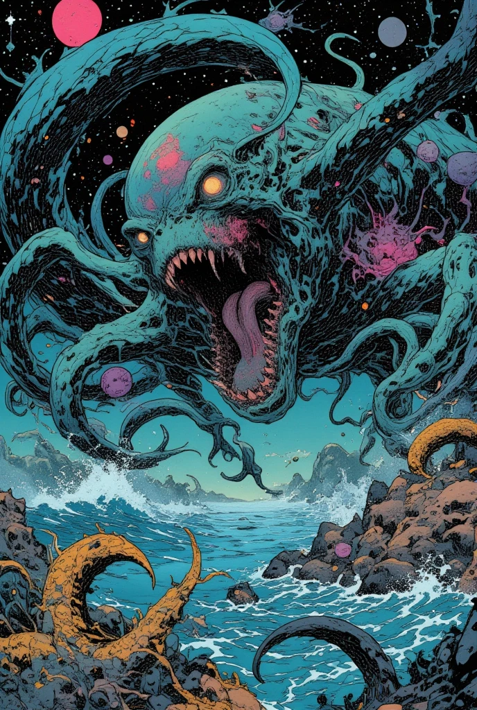  Comic Book Panels 。 There are many types of sea monsters in this picture,  Lovecraft Illustrations , Lovecraft Art , HP Lovecraft Style , Space and ocean horror illustration ,  lovecraftian Inspiration ,  Mixed Venom and Cthulhu , Lovecraft Backgrounds ,  Lovecraft Cosmic Fear , 怖い detail カラーのアート ,  Lovecraft Myths , Inspired by Lovecraft,  Lovecraft Horror , anatomically correct ,  very detailed,  detail , 