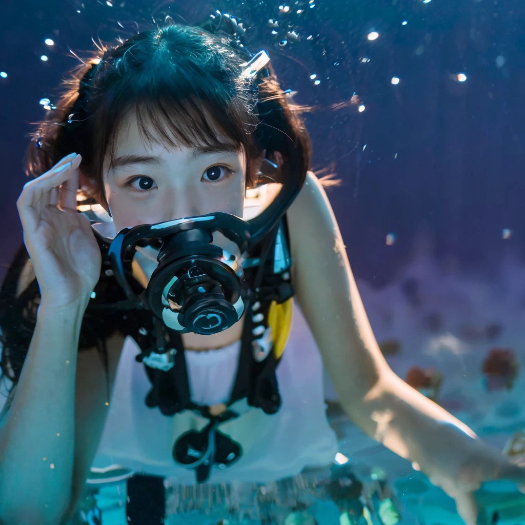 A Japanese ***************** girl is sitting underwater in a diving pool breathing while holding the scuba regulator mouthpiece and releasing bubbles without wearing a mask