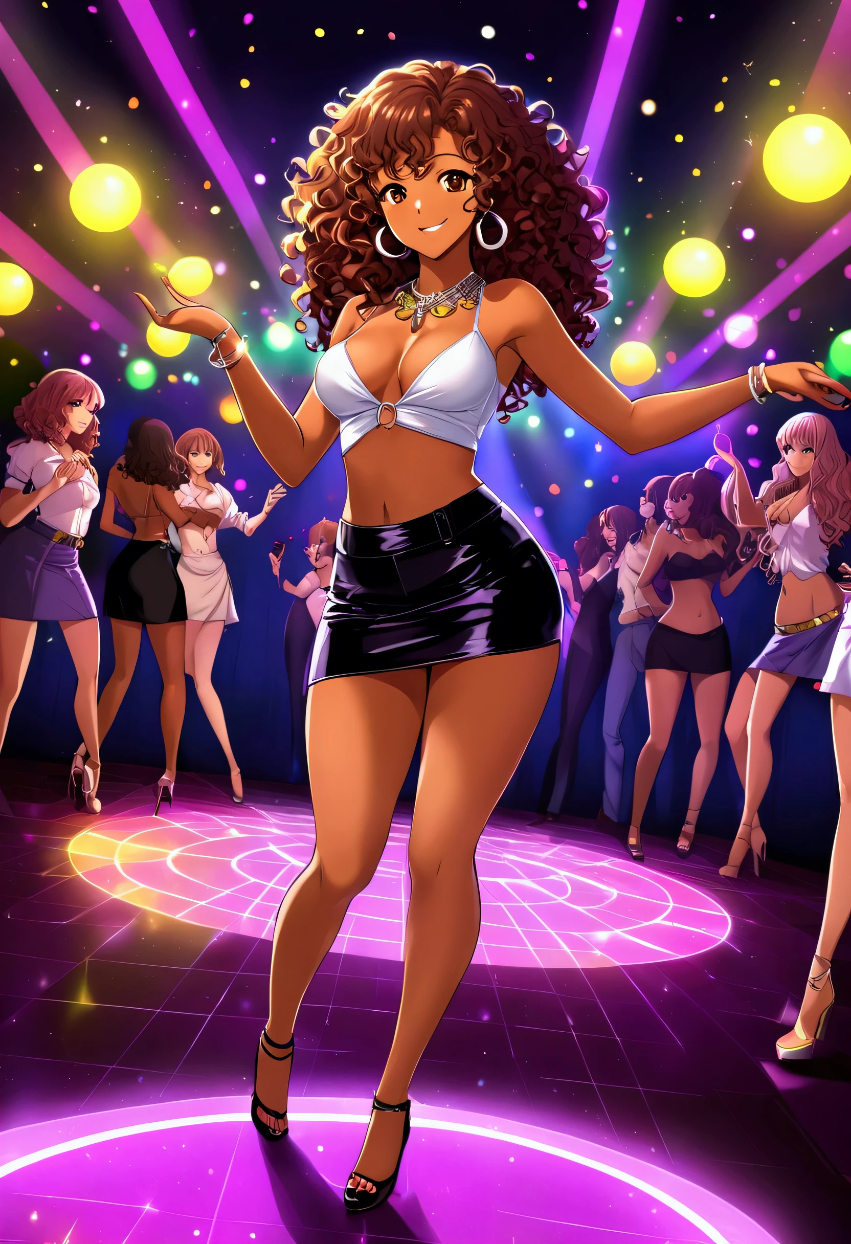 (((((Masterpiece, hiquality, absurdress) 1Woman, black hair, curly hair, Afro-curly hair, Green eyes, a perfect face, the perfect body, big breastes, short stature, very dark skin, solo, ((Best Quality)), ((Masterpiece)), (Detailed:1.4), Detailed eyes and face, club, neonlight, dancefloor, red dress, sword belt, Black belts, high boots above the knee, scarlet lips, dance