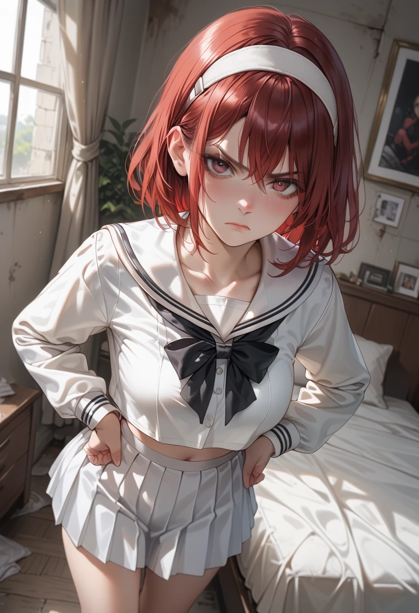  white sailor suit,  Long Sleeve ,  white short pleated skirt,  big black ribbon on chest ,  Abandoned Bedroom, red shoulder length hair,  The girl is wearing a white headband,  Tall Girl , medium breasts, angry, standing, looking at viewer,  front angle