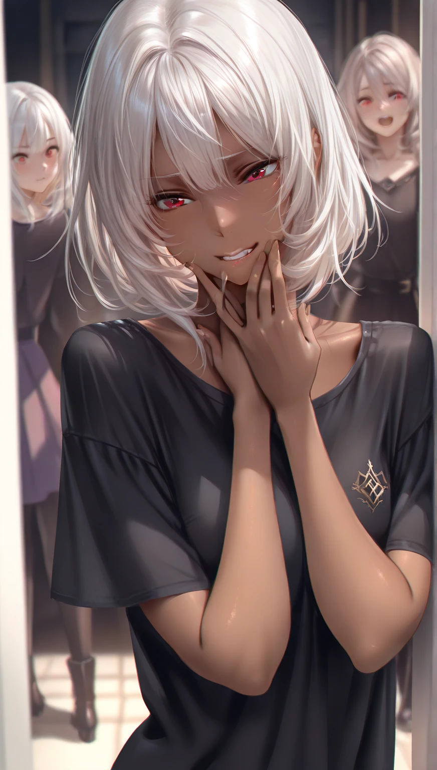 young man, with short white hair, red eyes, and a detailed background, every detail is rendered in superb detail, perfect composition, masterpiece, best quality, 8k, ultra-detailed, anime, correct anatomy, detailed face, correct eye anatomy, dark fantasy, brown skin, upper body, illustration, tanned skin, upper body,black shirt