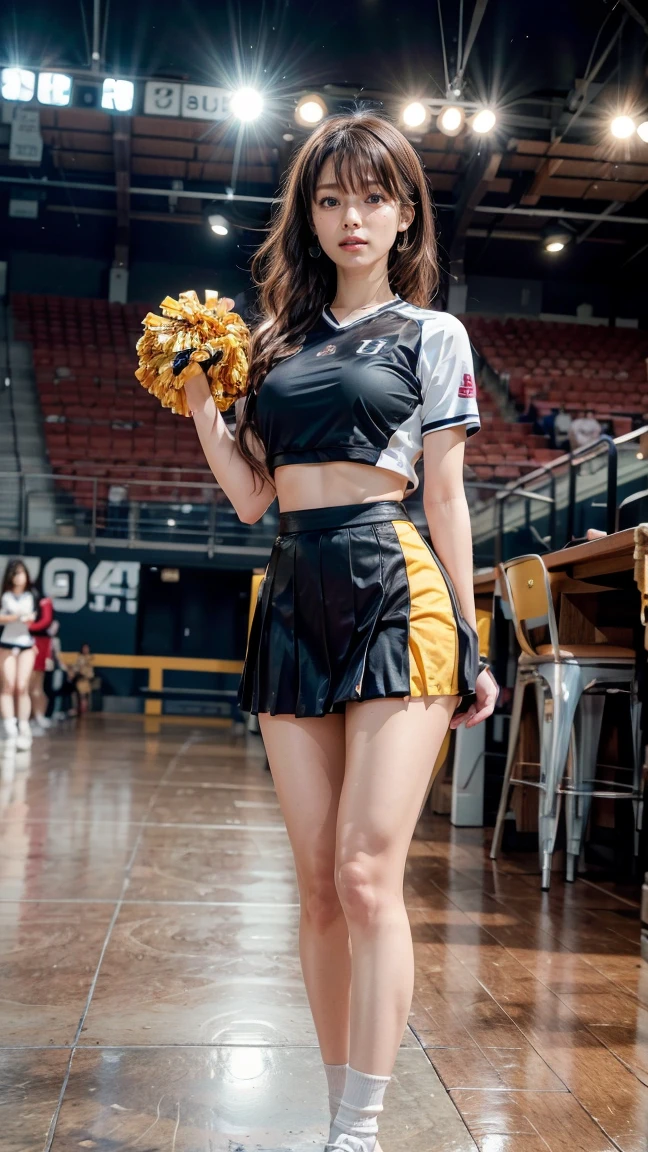 A beautiful young Japanese woman, 20 years old, with perfect anatomy, healthy thighs, beautiful feet, flawless skin, random hair color and style, large bust, (she is standing:1.2), wearing a cheerleader uniform with micro-pleated miniskirt, in a full body shot, standing in a stadium, (best quality,4k,8k, highres, masterpiece:1.3), (extremely detailed:1.2), Kyoko Fukada