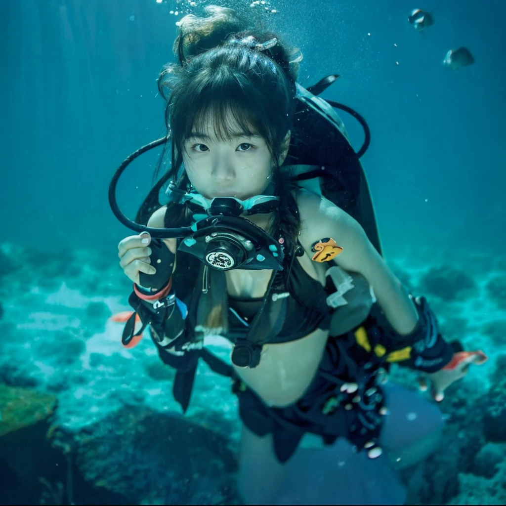 A Japanese  girl is sitting underwater in a diving pool breathing while holding the scuba regulator mouthpiece and releasing bubbles without wearing a mask